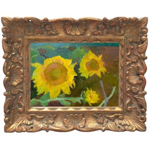 Pintura al óleo de girasol Flores amarillas Obra de arte Pequeña pared floral Arte Vintage Decoración para el hogar Pequeña planta Arte Granja Decoración para el hogar por AGA