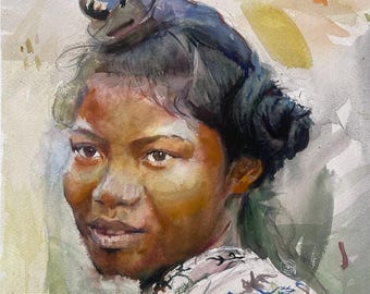 African Girl Watercolor Portrait Fashion Illustration Original Painting Black Woman Wall Art Dark Skin Girl Contemporary Artwork by AGA