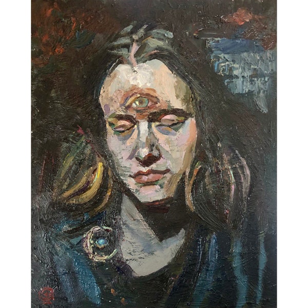 Girl With the 3rd Eye Oil Portrait Original Painting Impressionism Wall Art Symbolic Artwork Naturalism Female Portrait by AGA