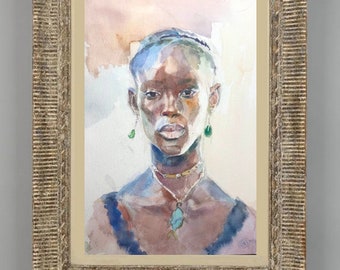 African Girl Watercolor Portrait Fashion Illustration Original Painting Black Woman Wall Art Dark Skin Girl Contemporary Artwork by AGA