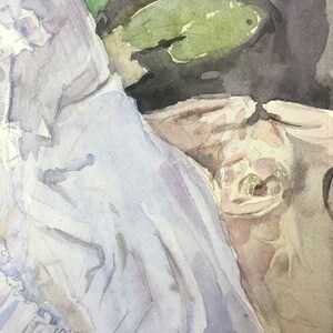 May include: Watercolor painting of a person in a white dress, with a light purple hue. The painting includes a lily pad and a white flower. The style is soft and impressionistic, with a focus on light and shadow.