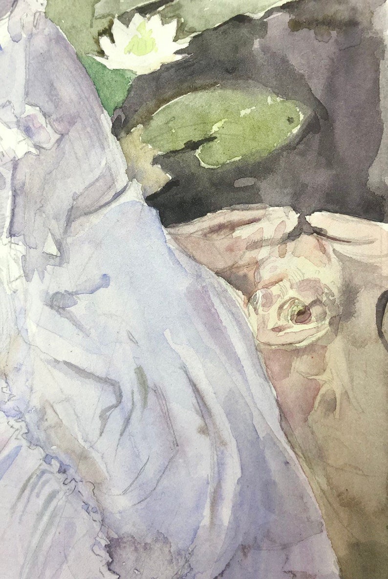 May include: Watercolor painting of a person in a white dress, with a light purple hue. The painting includes a lily pad and a white flower. The style is soft and impressionistic, with a focus on light and shadow.