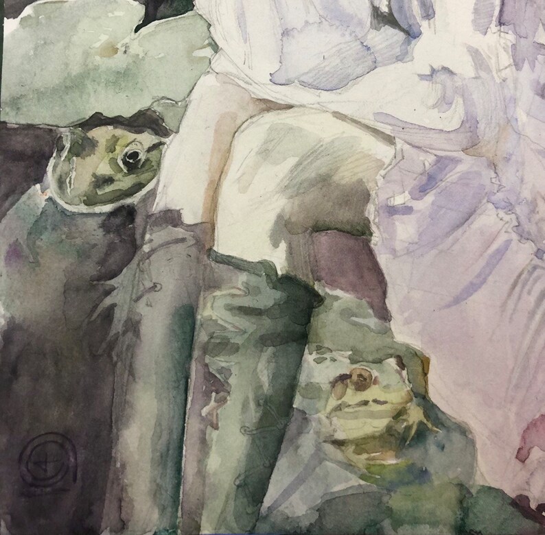 May include: Watercolor painting of two frogs among lily pads. The frogs are green and tan, with detailed eyes and skin texture. The painting has a soft, muted color palette with shades of green, gray, and purple.