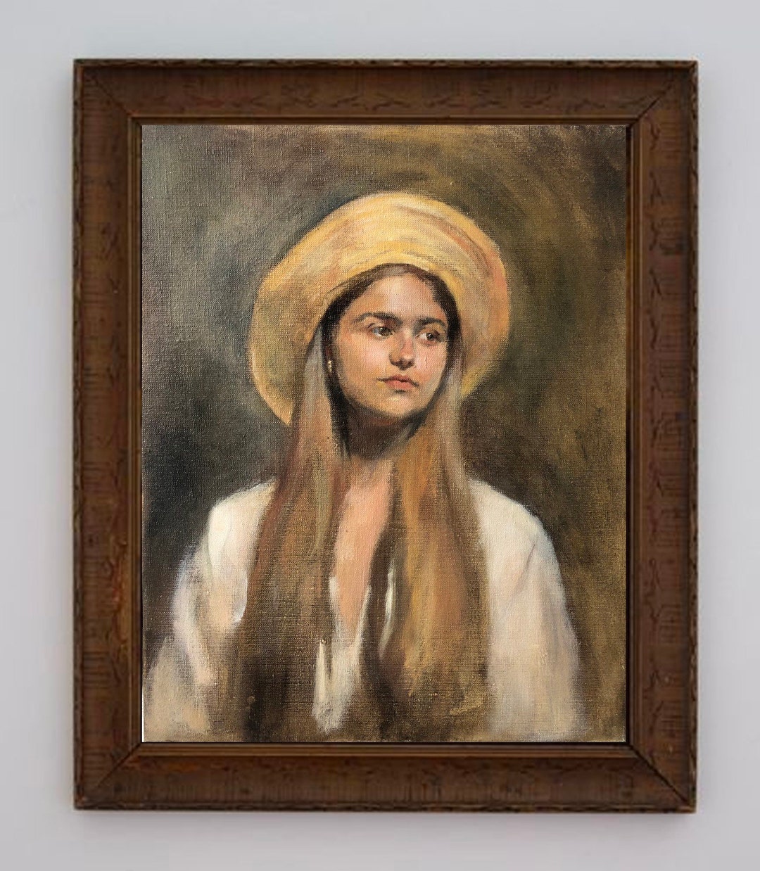 Woman in a Straw Hat Oil Portrait Original Painting Beautiful Lady