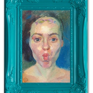 Careta menina retrato a óleo pintura original engraçado arte da parede contemporânea decoração de casa feminino pequeno retrato por aga