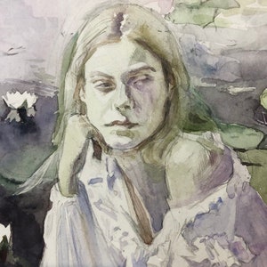 May include: Watercolor painting of a person with long hair, resting their chin on their hand. The person is wearing a white top with a ruffled collar. The background features lily pads and water, with soft green, purple, and white tones.