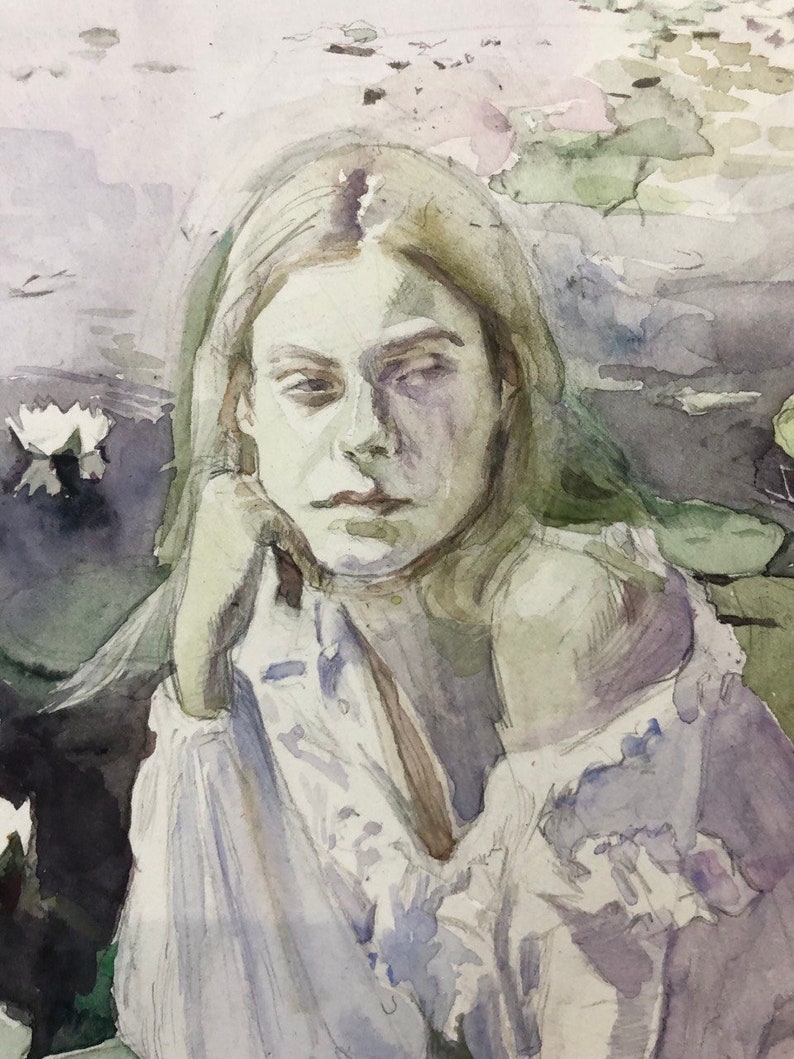 May include: Watercolor painting of a person with long hair, resting their chin on their hand. The person is wearing a white top with a ruffled collar. The background features lily pads and water, with soft green, purple, and white tones.