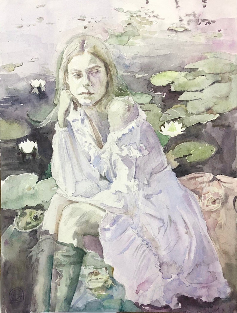 May include: Watercolor painting of a person seated near a pond with lily pads and white flowers. The person is wearing a light purple dress and boots. The painting has a soft, dreamy quality with muted colors.