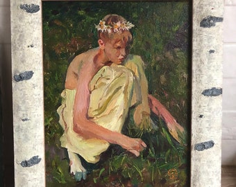 Young Faun Framed Oil Portrait Original Painting Mystic Creature Symbolic Art Mythology Artwork Impressionism  Wall Art Boy Portrait  by AGA