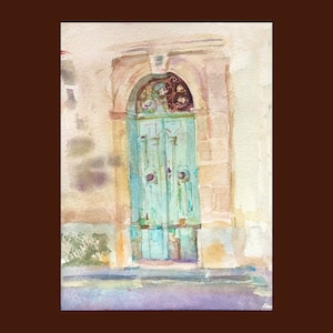 Illustrazione dell'acquerello della porta Pittura originale Architettura Piccola opera d'arte Turchese Porta Arte Street Home Decor Paesaggio urbano di AGA