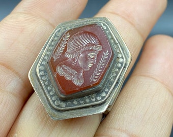 Vintage old tribal sterling silver carved carnelian ring intaglio handmade