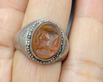 Vintage old tribal sterling silver carved carnelian ring intaglio handmade