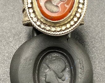 Vintage old tribal sterling silver carved carnelian ring intaglio handmade
