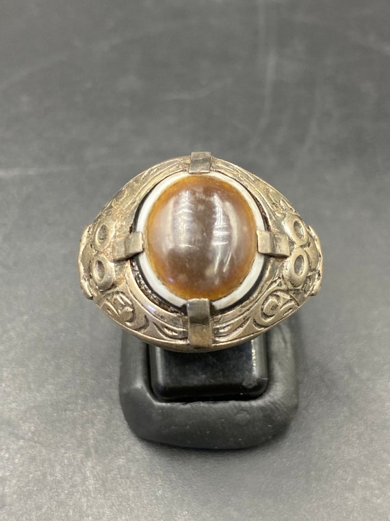 Antique old natural eye agate solid silver ring et