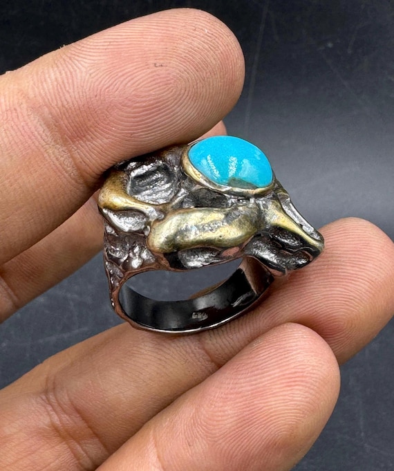Excellence genuine solid silver turquoise ring ha… - image 1