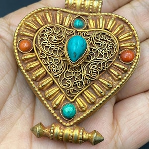 Handmade vintage gold plated Sterling silver tibetan pendant with natural coral and turquoise