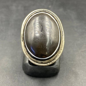 Natural old black evil eye agate with handmade Sterling silver ring