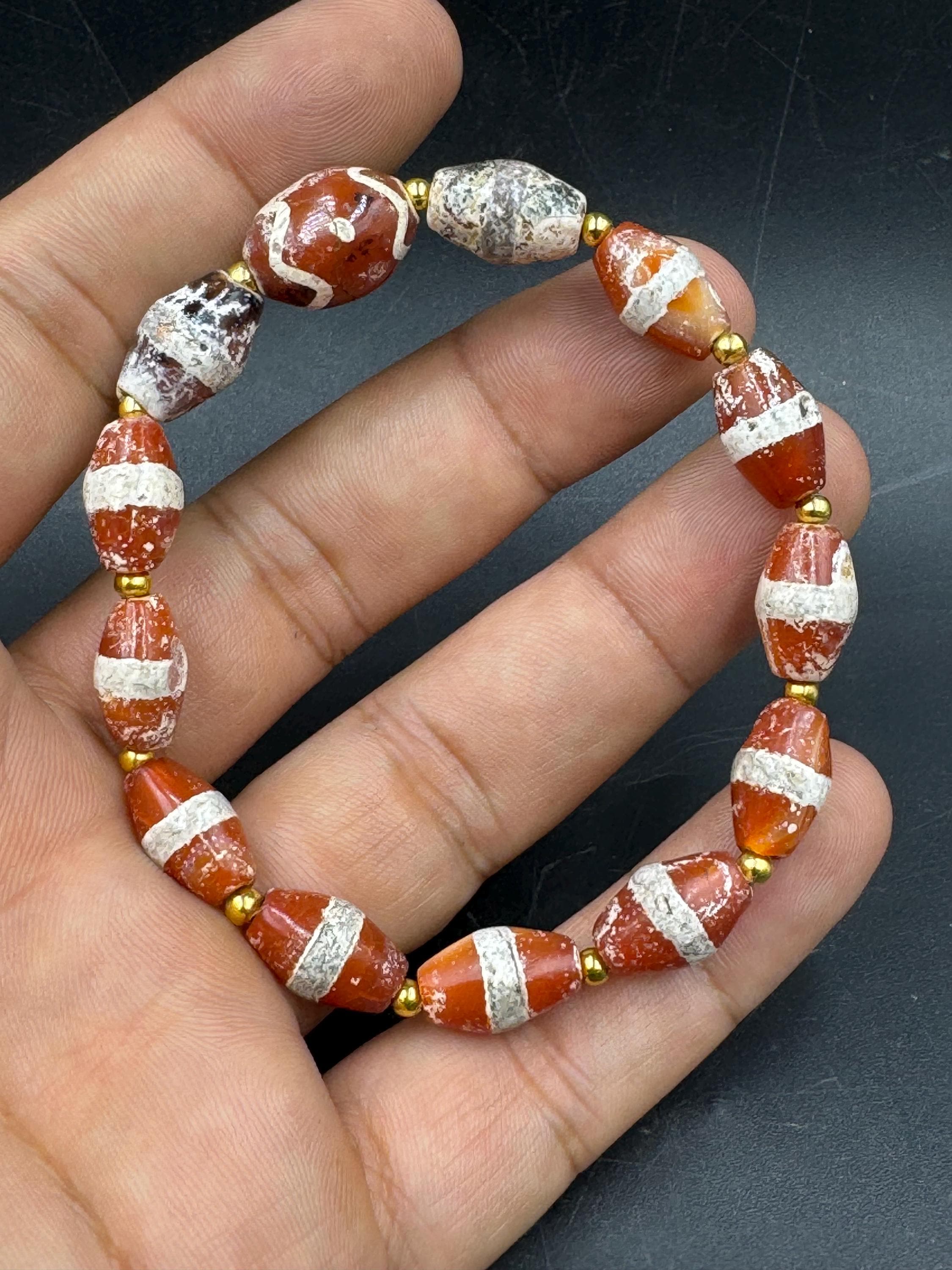 Ancient Eched carnelian カレンシルバー　ブレスレット Ancient Decorated Etched Carnelian Bead Bracelet Beautiful