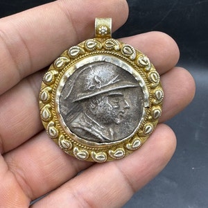 Wonderful old ancient genuine Greek Bactrian silver coin gold plated pendent