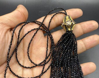 Very nice vintage design natural polki diamond in sterling silver with black spinal stone tassel necklace