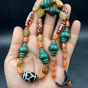 Old antique natural mixed Tibetan turquoise etched agate beads necklace