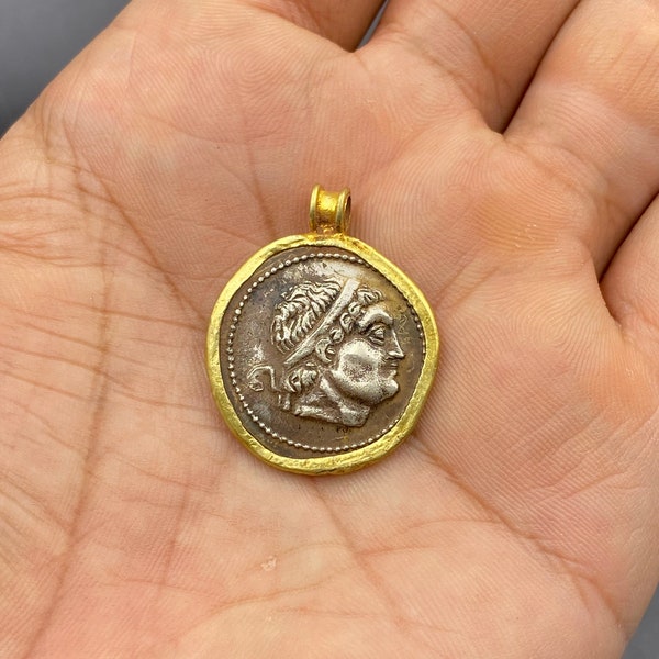 Real genuine unique Roman silver coin with 18K gold coin pendent