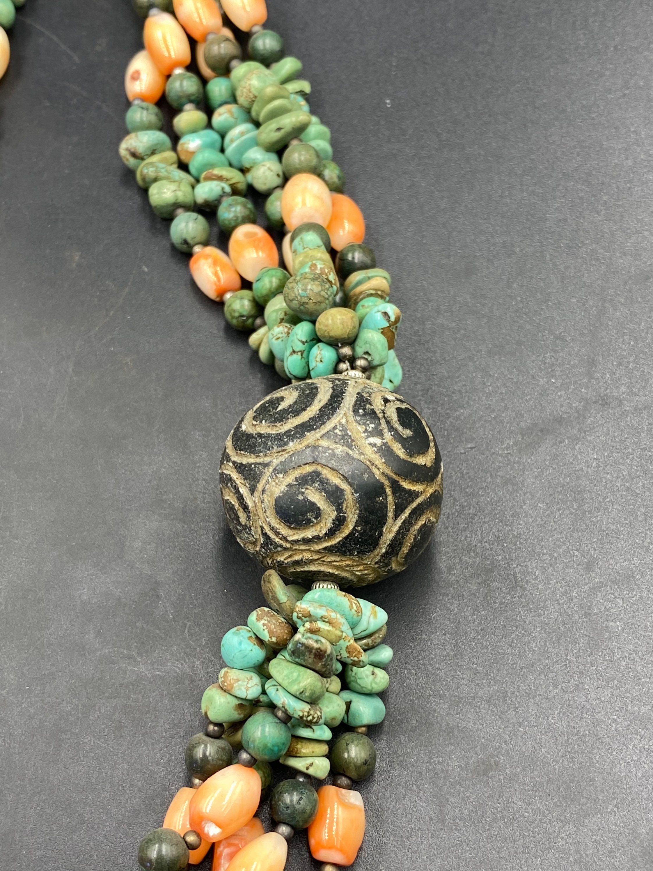 Lovey Old Tibetan Turquoise,coral Bead Necklace With Round