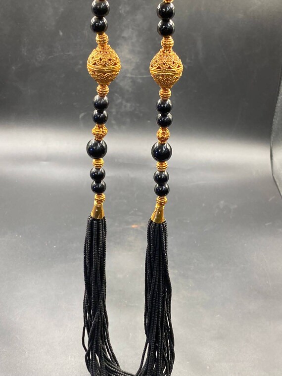 Collier Ancien En Perles D'onyx Et Agate Noire Tressée - Fermoir Restauré - Occasion