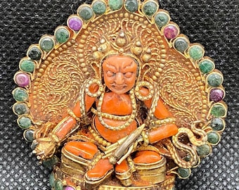 Rare!!! Old Tibetan  Natural coral  Buddha mahakala With gems stone  silver pendant
