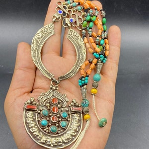 Vintage old Tibetan handmade coral and turquoise stone mixed silver necklace