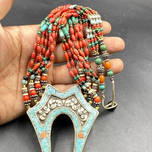Natural Tibetan old antique turquoise and coral beads necklace ethnic handmade
