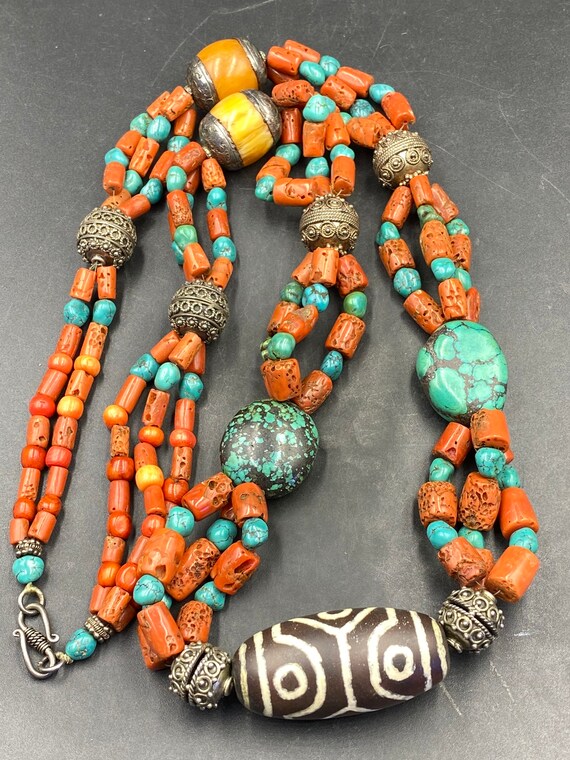 Old Antique Natural Turquoise Coral With Solid Silver Bead