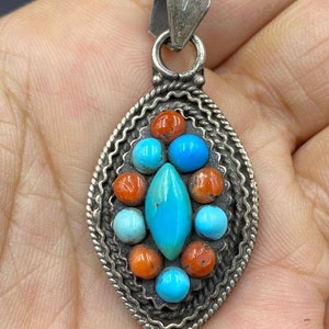 Handmade tibetan pendant with natural turquoise and coral with Sterling silver