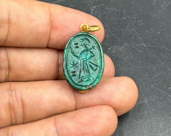 Genuine antique natural malachite stone carved scarab bead with 18k gold pendent