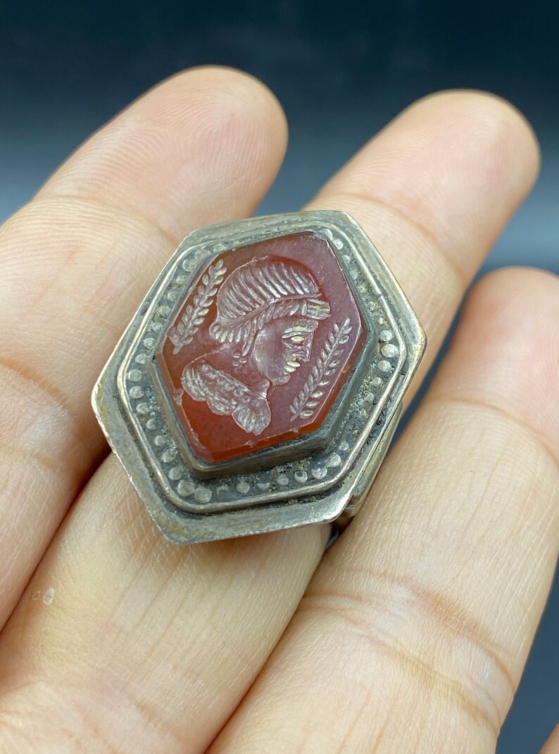 Vintage old tribal sterling silver carved carnelian ring intaglio handmade