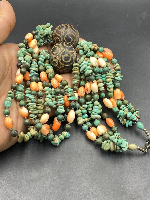 Lovey old Tibetan turquoise,coral bead necklace w… - image 5