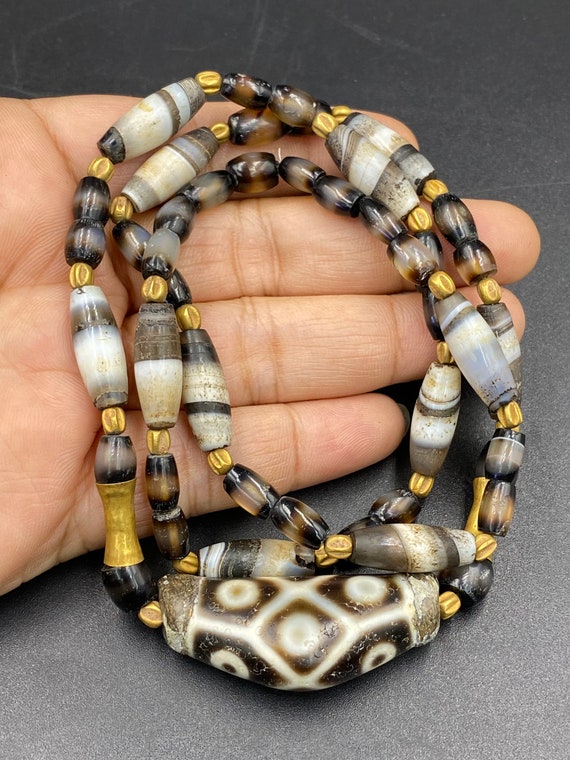 Rareold Ancient Dzi 9 Eyes Agate Bead Pendent With Natural Banded Agate  Beads Stone 18k Genuine Gold Beads 
