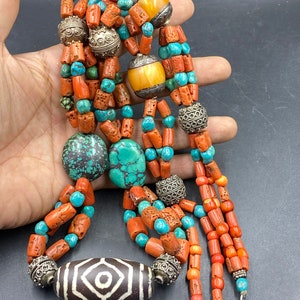 Old antique natural turquoise coral with solid silver bead necklace from Yemen