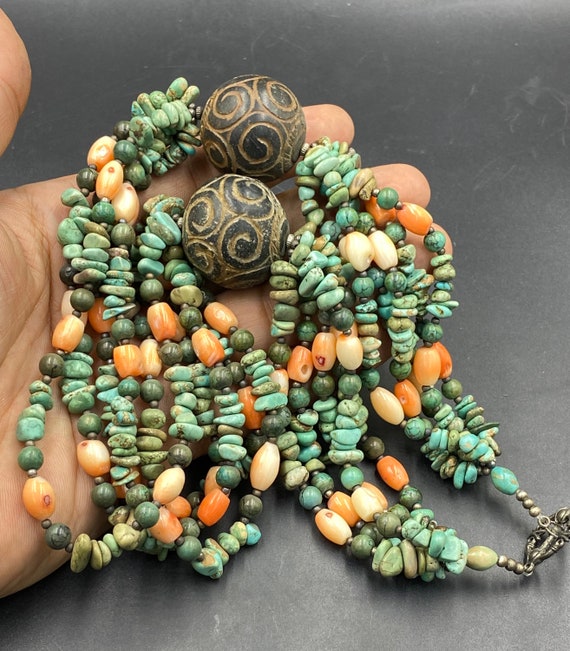 Lovey old Tibetan turquoise,coral bead necklace w… - image 1