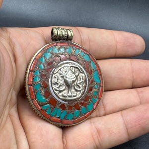 Very nice vintage natural coral and  turquoise 92.5 silver pendant