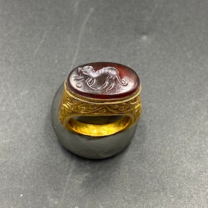 Genuine 18K gold ring with natural carnelian signet carved ring intaglio ring