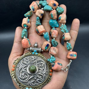 Very beautiful vintage natural turquoise coral with silver pendent necklace