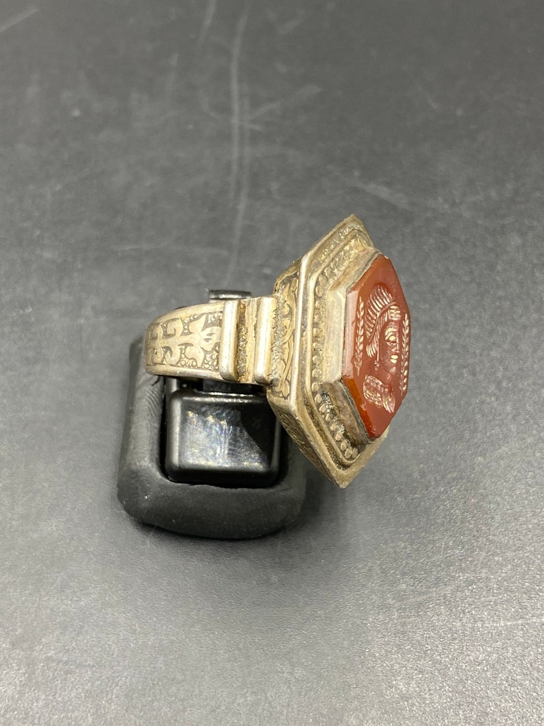 Vintage old tribal sterling silver carved carnelian ring intaglio handmade