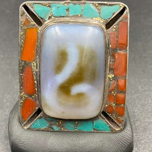 Vintage Tibetan pure sterling silver pendent,old dzi agate bead with turquoise coral