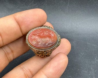 An old ancient Bactrian Greek-emperor carnelian deer signet solid silver ring intaglio
