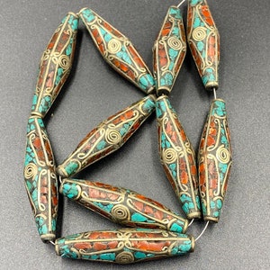 10 beads ethnic Tibetan brass beads with turquoise and coral vintage beads