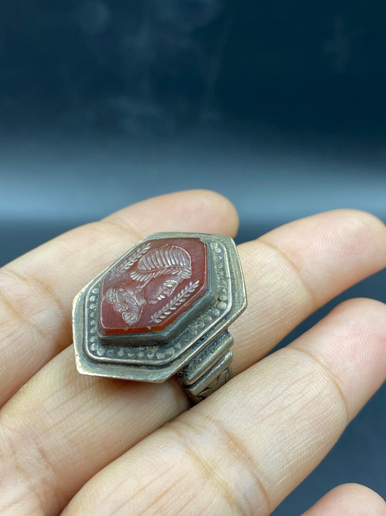 Vintage old tribal sterling silver carved carnelian ring intaglio handmade