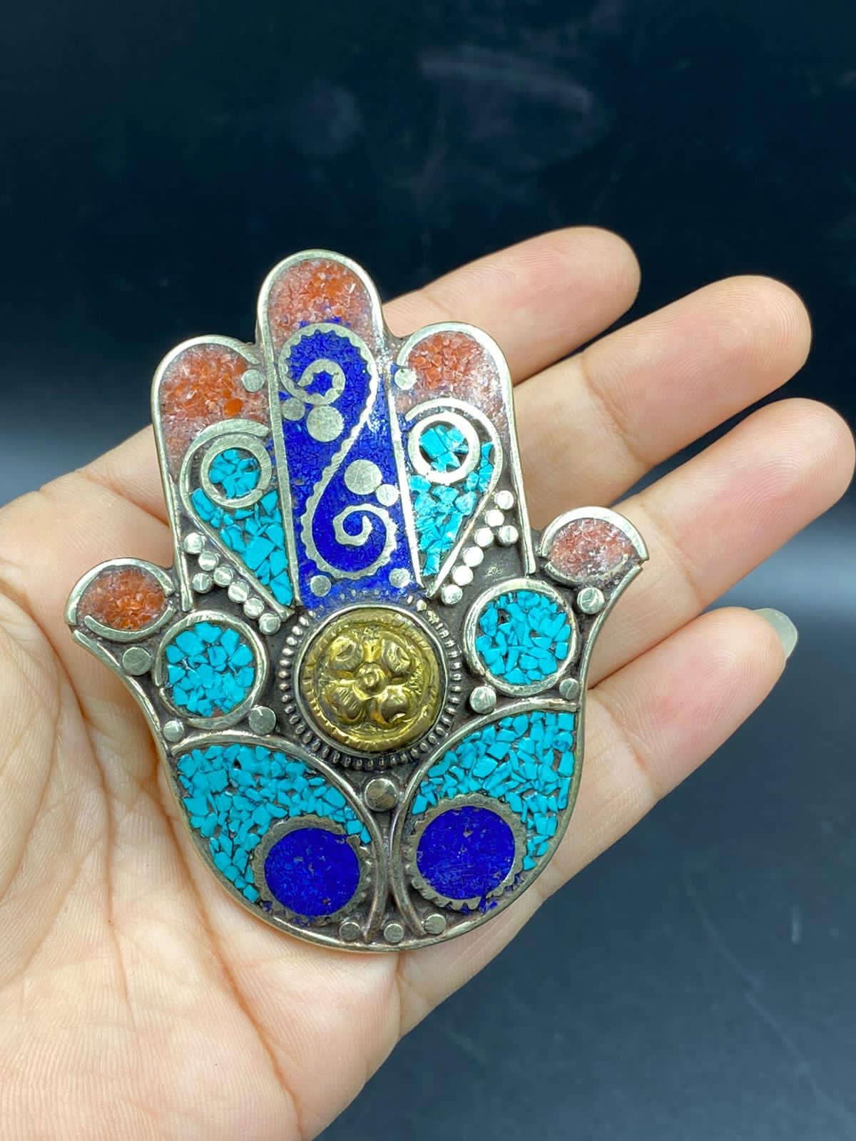 Vintage style silver plated Fatima hand coral turquoise lapis belt buckle handicraft