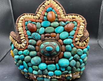 Antique Tibetan ceremonial traditional ethnic tribal natural old turquoise cap Tibetan