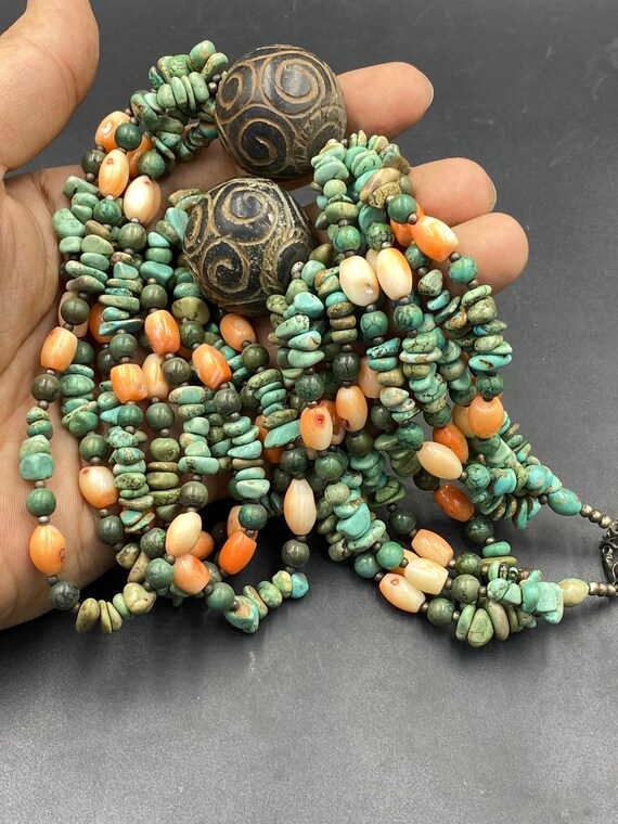 Lovey old Tibetan turquoise,coral bead necklace w… - image 4